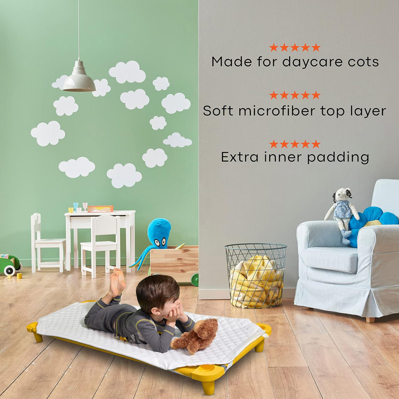 Extra Padding For Comfy Preschool Naps. Includes Elastic Corner Straps & Name Tag. Standard Size, 51 X 23 Inches. Washable. Cot Not Included.