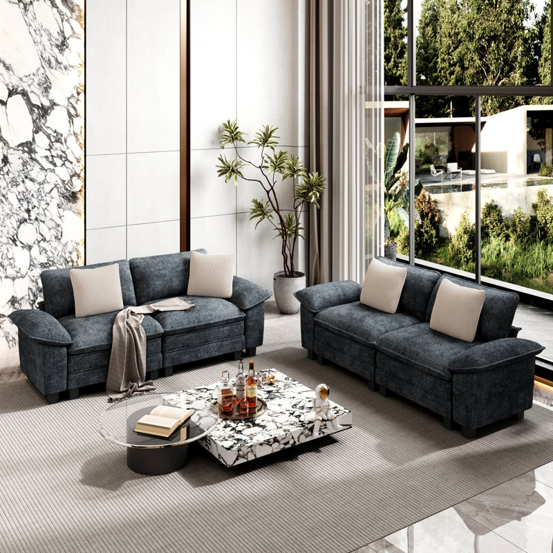 Ensemble de canapé modulaire rembourré 2 pièces, ensemble de canapé surdimensionné avec causeuse, Chenille bleue marine