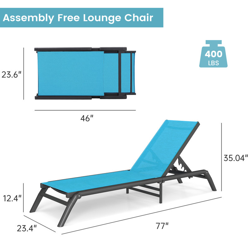 Set of 2 Aluminum Chaise Lounges, Foldable No Assembly, Lightweight Water-Resistant Patio Chairs, 400 lbs, Blue-2 Pcs