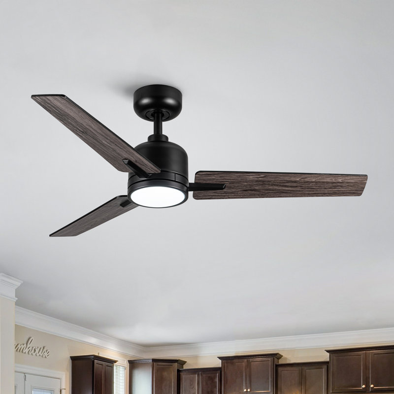 Ventilateur de plafond moderne 48 "avec lumière et 3 pales, Noir; bois brun foncé, Noir, noir, noir, noir