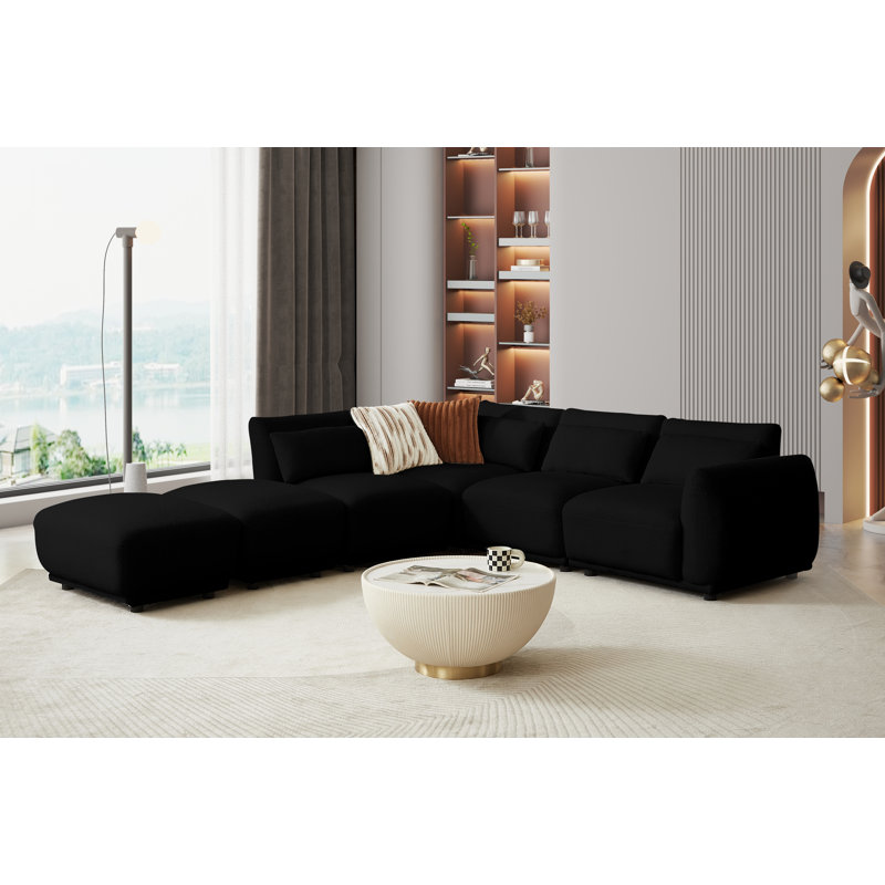 Canapé modulaire rembourré en laine 6 pièces rembourré en tissu Boucle, Mélange de laine noire / polyester