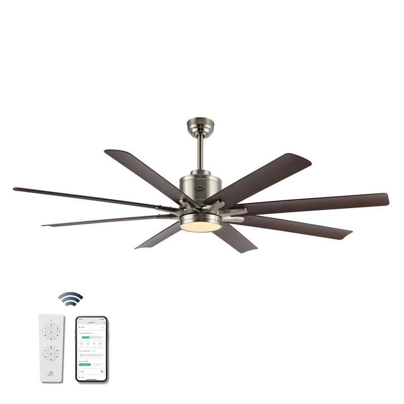 66'' Ceiling Fan with LED Lights, Nickel with Neutral Brown Wood Blades
