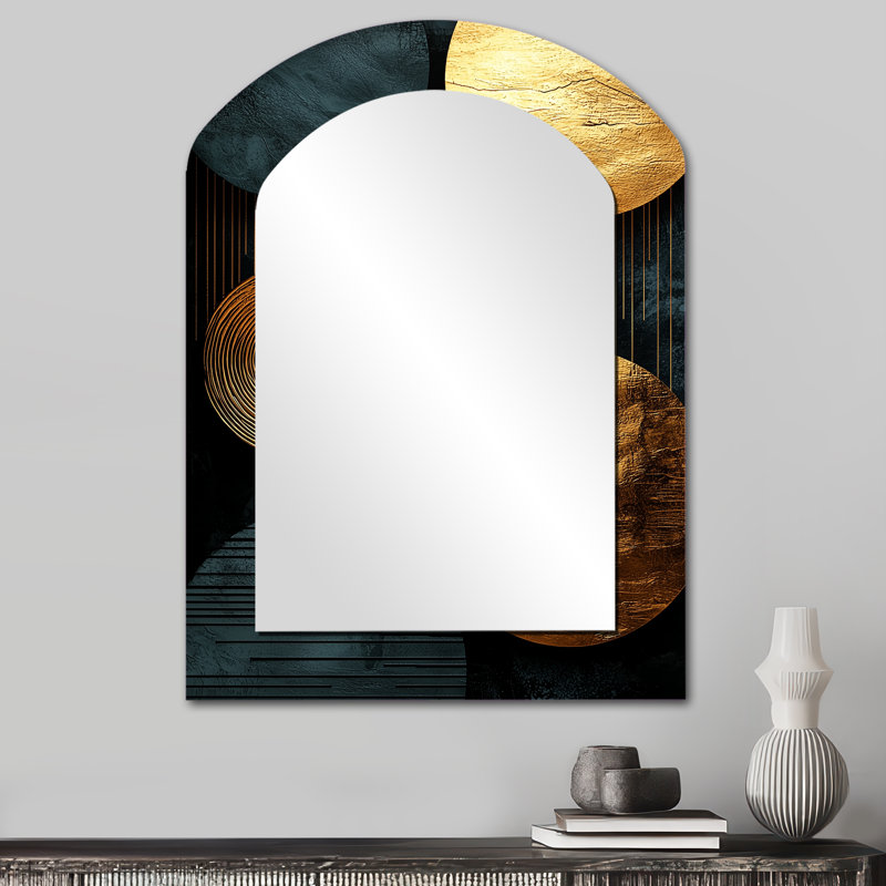 Géométrique Art Decor Essential Forms VI - miroir arqué moderne, miroir mural asymétrique doré unique, impression d'art en métal