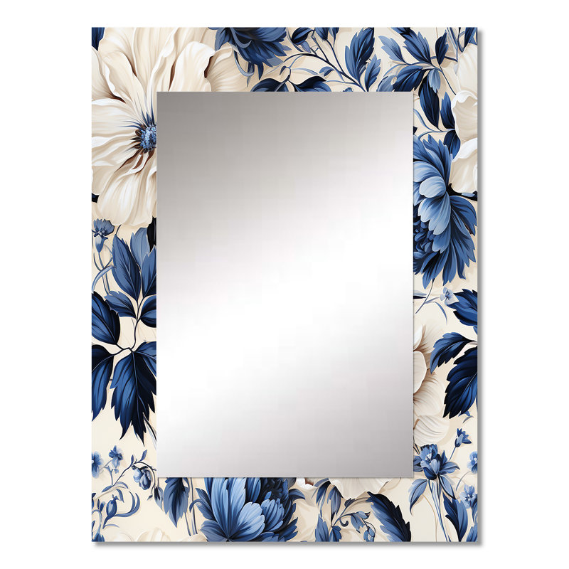 Lam Cobalt Blue Renaissance Florals Victorian Pattern - Floral Decorative Mirror, Cottage Large Wall Mirror, Printed Metal Art