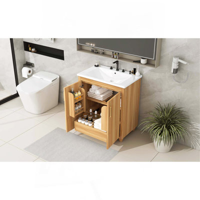 30" Bathroom Vanity With Sink Combo, Multi-Functional Bathroom Cabinet With Doors And Drawer,  MDF Board, Natural