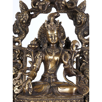 Brass White Tara Buddhist Goddess Statue, 15.5 in. Seated on Ornamental Throne     Tibetan Meditation Altar Decor for Shrine & Spiritual Space