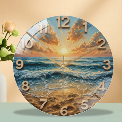 Horloge avec chiffres et coucher de soleil - Horloge murale moderne en verre 12 po