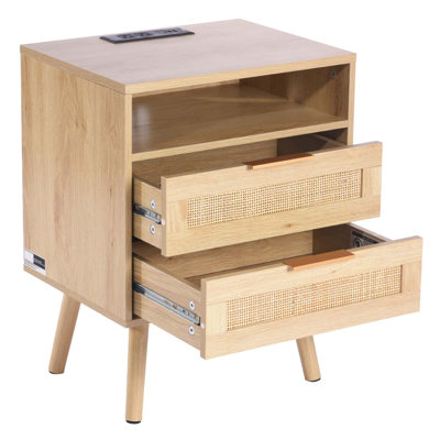 Table de chevet en rotin avec station de charge et rangement