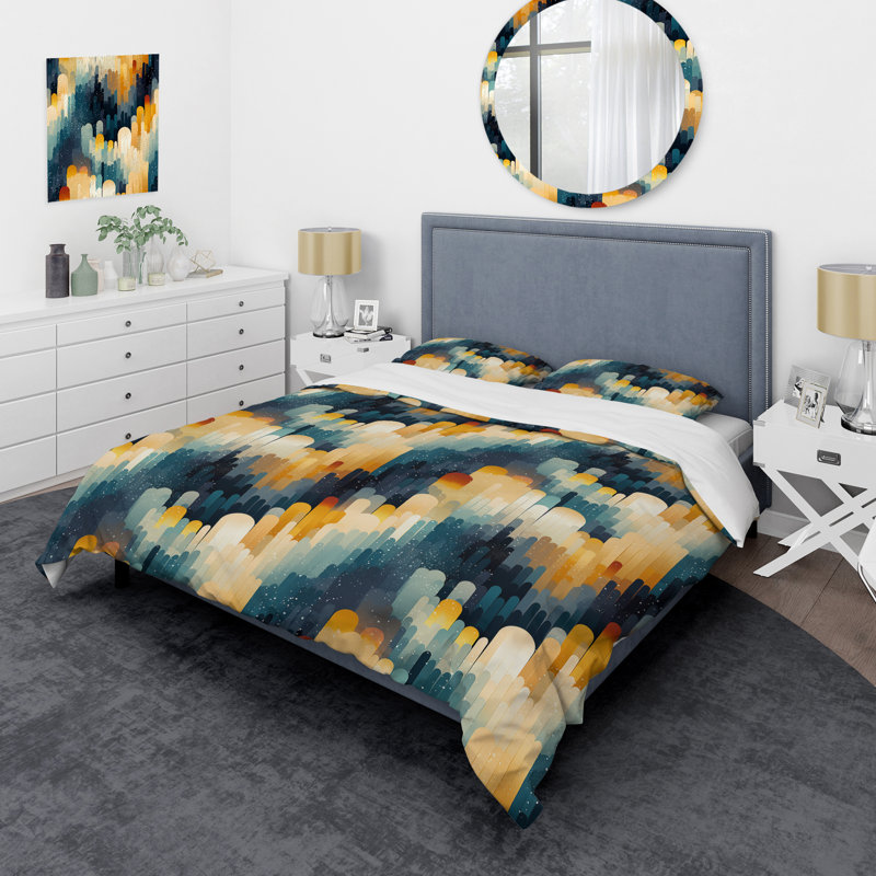 Beige And Blue Geometric Constellation II Geometric Shapes Duvet Cover, Queen Duvet Cover + 2 Standard Shams