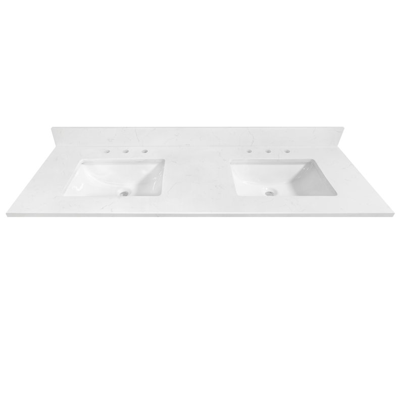 61 Inch Carrara White Quartz Vanity Top With Double Sinks & Backsplash, Carrara White