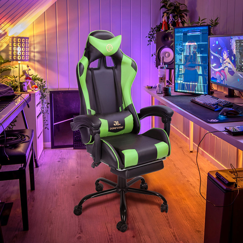 Footrest Gaming Chair with Lumbar Pillow Massage Function, Green/Black