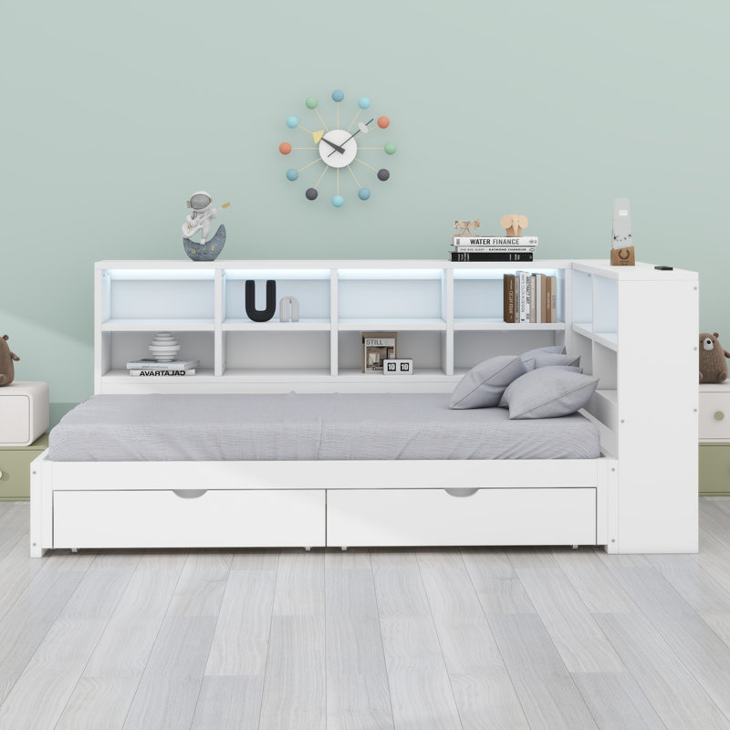 Modern Daybed Frame with 2 Drawers and Open Shelves, LED Lighting & USB, White