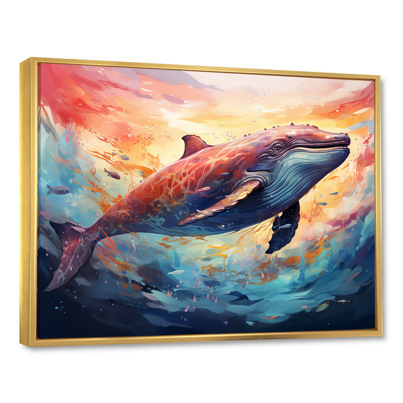 Blue majestueux dauphin à l'aquarelle - animaux, art des dauphins, H 30 po x l 40 po x P 1,5 po, Cadre flottant doré