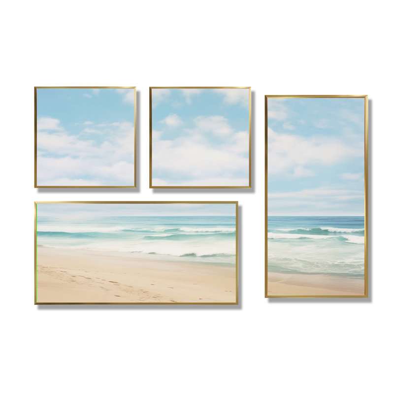 «Beach Photo Coastal Tranquility III», art mural sur toile nautique beige 4 pièces, Impression encadrée sans passe-partout