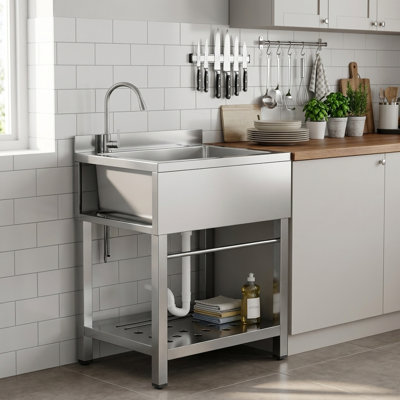 25" NSF Certified Stainless Steel Freestanding Single Bowl Utility Sink with Hot & Cold Water for Laundry, Kitchen, Garage & Bar