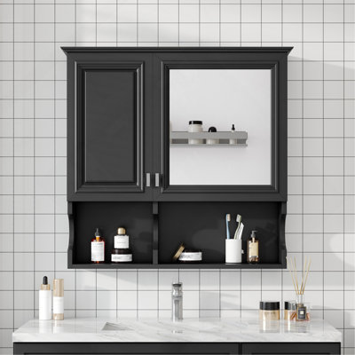 Armoire à pharmacie à miroir de 30 pouces avec tablettes ouvertes, rangement mural avec portes et miroir, tablette réglable, armoire de rangement pour salle de bain au-dessus de la toilette