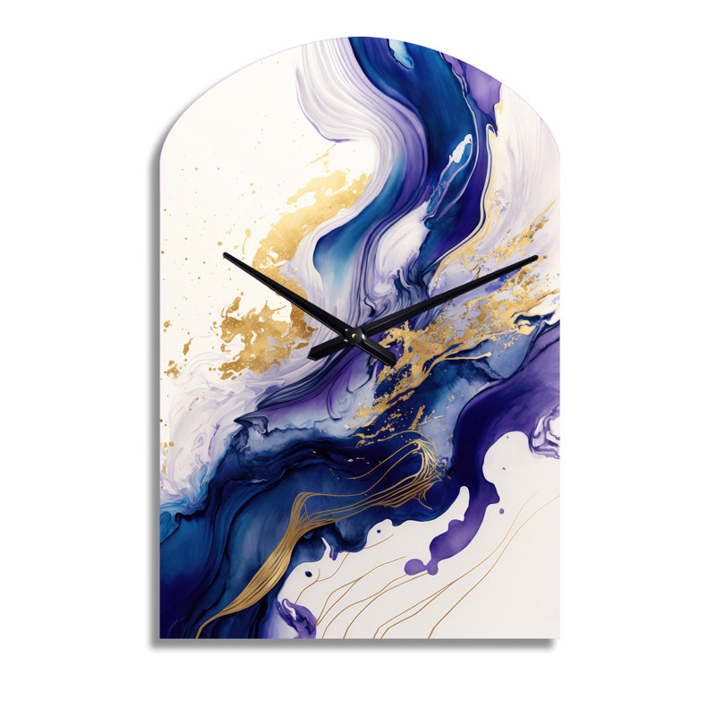 «Blue and Gold Splash Paint IV - Abstract Spirals», horloge murale asymétrique, Moyenne