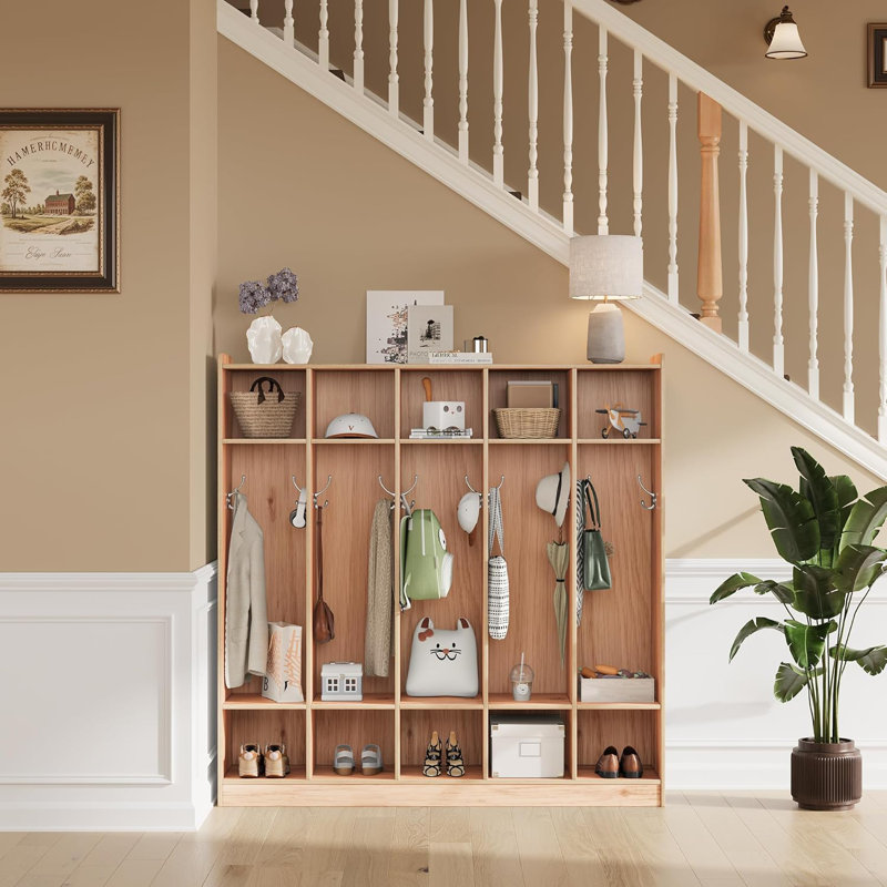 5-Section Classroom Coat Locker with 10 Cubbies, Daycare Cubby Storage Organizer with 10 Hooks, Ivory