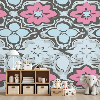 Peel and Stick Wallpaper Floral Pink Light Blue Flowers Wall Murals 69"H x 96"W Removable PVC Wall Paper Self-Adhesive Wall Decor for Bedroom Living Room Home Office