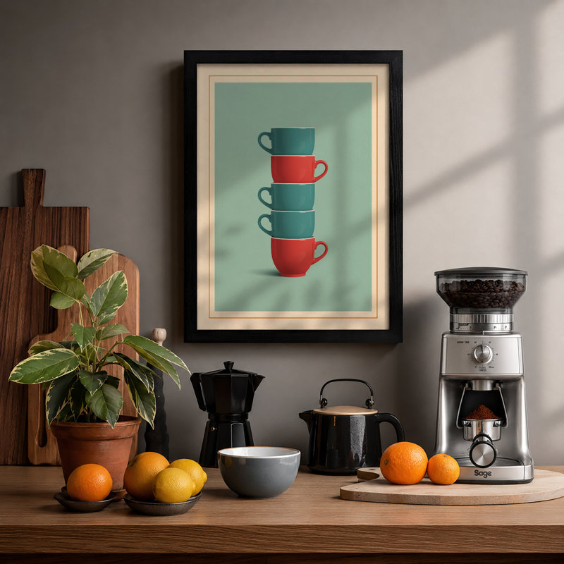 Stacked Ceramic Mugs Mid-Century - Framed Print, A3 - 42.0 x 29.7 cm, Black