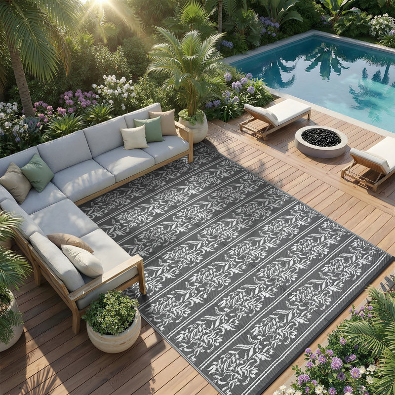 Waterproof Reversible Outdoor Rug - Boho Leaf Design - UV & Mark Resistant, Lightweight, Collapsible Plastic Patio Carpet with 4 Stakes & Storage Bag - Ideal for Camping, RV, Deck, 9x12ft