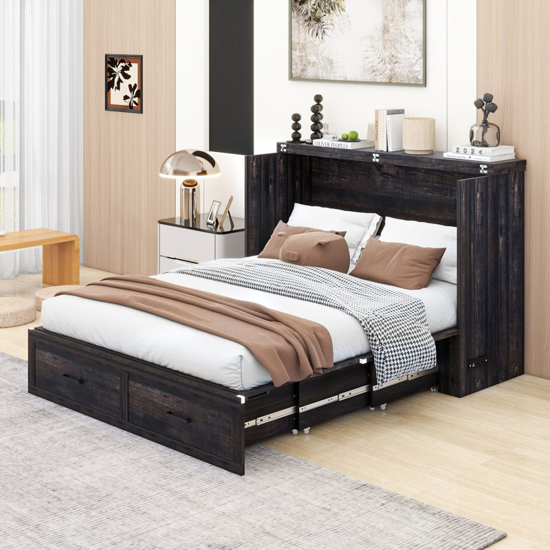 Lit escamotable en bois avec tiroir de rangement et station de charge, Gris rustique