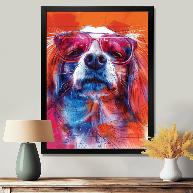 Rose et blanc, lunettes de soleil et Border Collie, Cadre simple noir, H 34 po x l 44 po x P 1,5 po