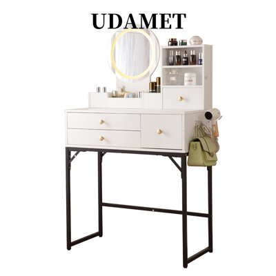 White Makeup Vanity Table, LED Mirror, 4 Drawers, Charging Station, USB Ports, Iron Bracket, Modern Design