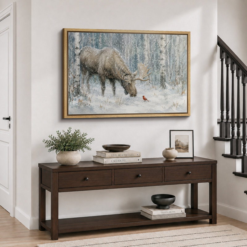 «Winter Moose Forest», reproduction d'art giclée sur toile encadrée, H 16 po x l 24 po x P 1,5 po, Cadre naturel