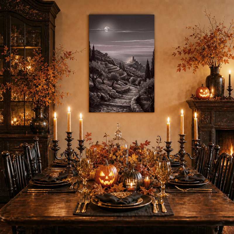 Tableau sur toile d'Halloween représentant une tour côtière au clair de lune et des cyprès, 48"H x 32"W