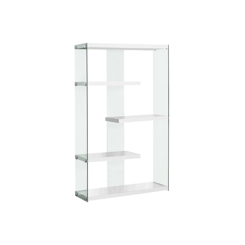 60"H 5 Tier Bookcase In Glossy White Laminate, With Tempered Glass, Modern Bedroom And Office Accessory , Clear Elegant Shelf