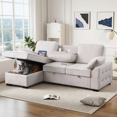 91.5" Wide Convertible Sofa Bed 2-In-1 Chenille Pull-Out Sleeper Couch With Flip-up Armrest Cup Holder & USB Ports & Reversible Storage Chaise for Living Room Apartment