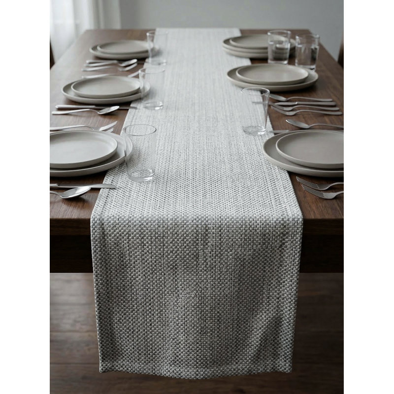 Light Grey Shoreline Grid Indoor Outdoor Table Runner 14x72