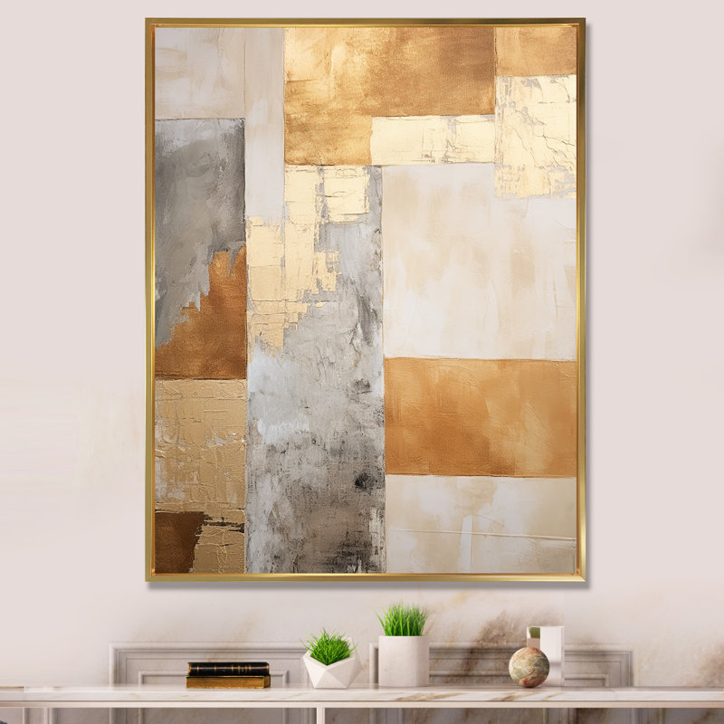 Art zen scandinave moderne beige et doré I, Cadre flottant doré, H 32 po x l 24 po x P 1 po