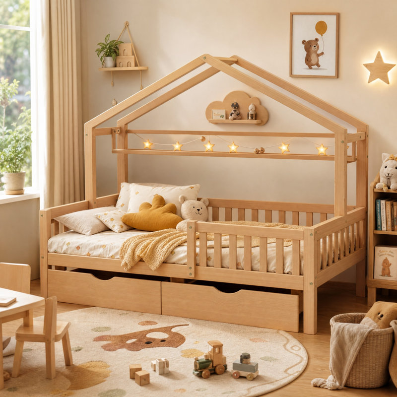 Kids Twin Bed Frame With Storage Drawers And Sides Guardrails, Natural, Twin