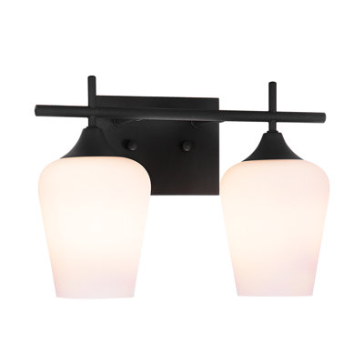 2-Light Matt Black Vanity Light With Satin Etched Cased Opal Glass Shade