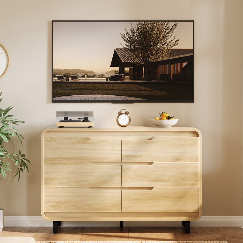 47" Wide 6-Drawer Wooden Dresser in Natural Finish, Large Capacity Freestanding Cabinet for Living Room or Entryway, Yellow