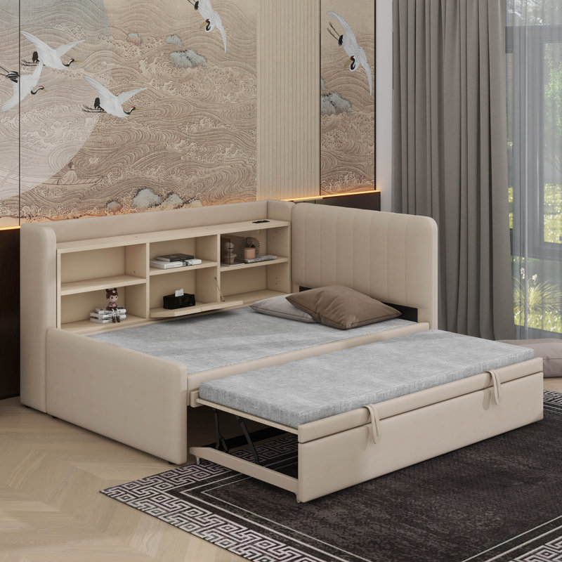 Twin Size Upholstered Daybed With Trundle, Storage Shelves, USB & Outlet, Beige