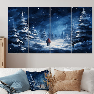 Bleu et blanc, forêt d'hiver, merveille, pin, art mural 4 pièces