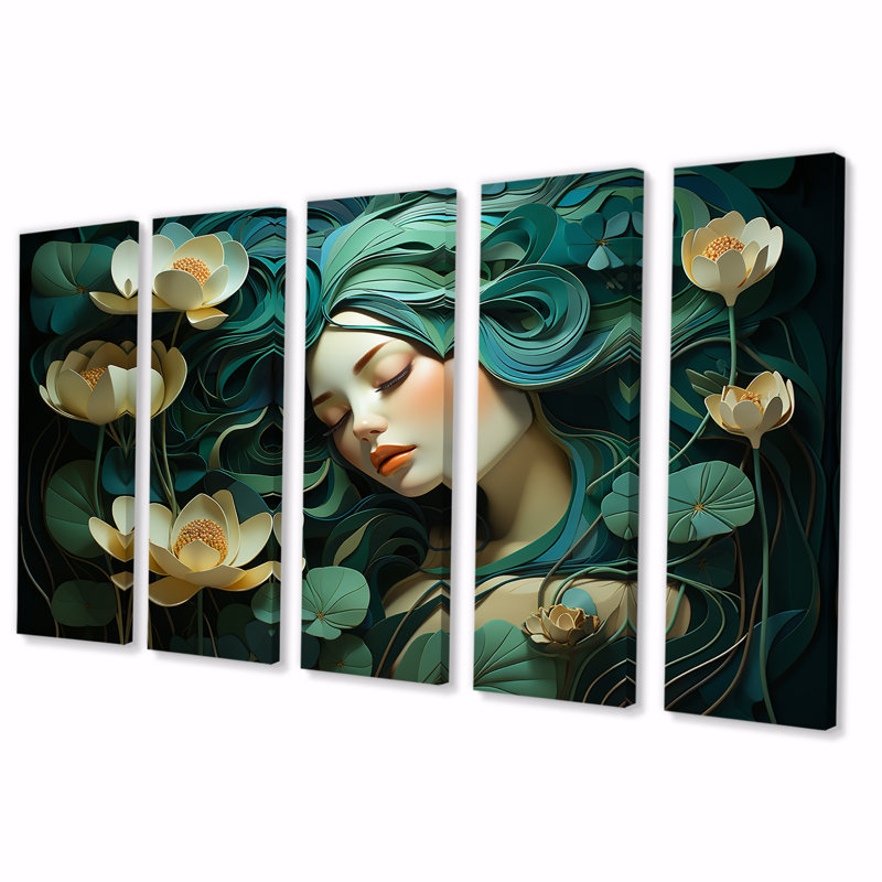 «Green and White Woman with Flower On Face II», ensemble d'art floral 5 pièces, H 32 po x l 80 po
