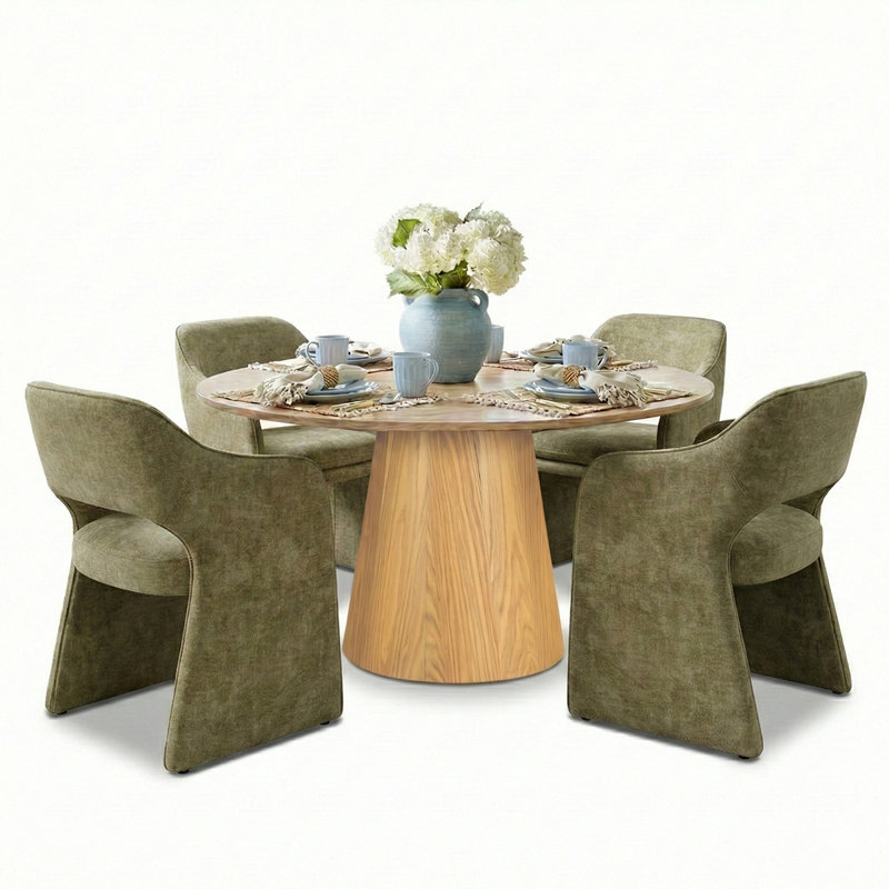 4 - Person Dining Table Sets With Round Table & 4 Upholstered Chairs, Sage Green, Yellow