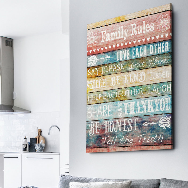 «Family Rules», art textuel sur toile tendue, H 16 po x l 20 po x P 1,5 po