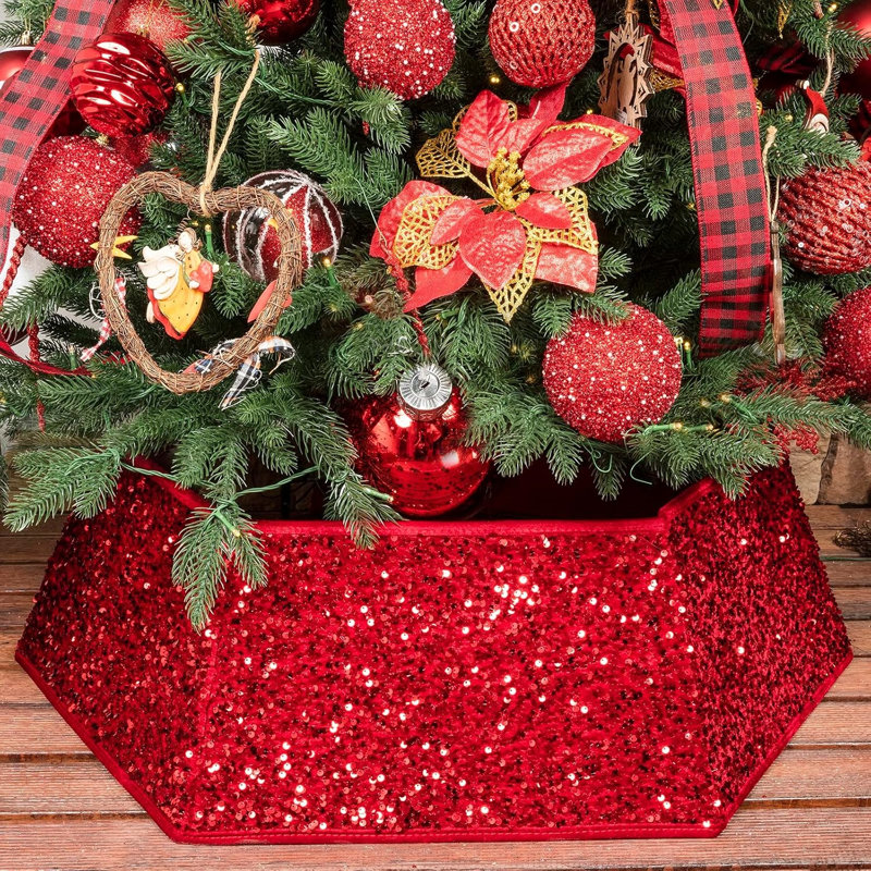 Collier de sapin de Noël à paillettes rouges scintillantes – Housse de pied de sapin de qualité supérieure pour les fêtes