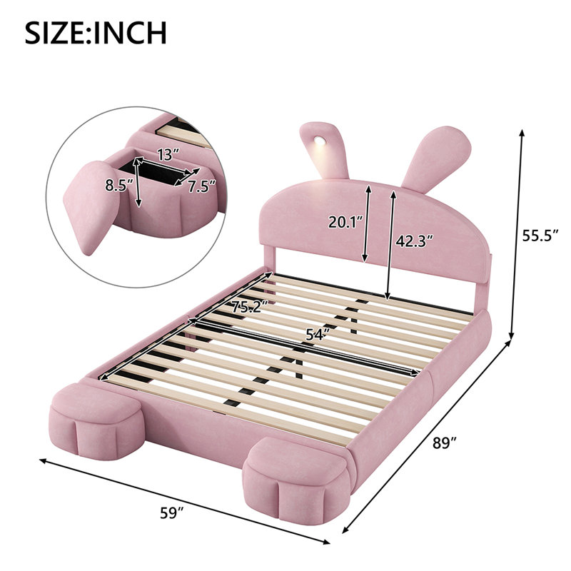 Upholstered Platform Bed with Cartoon Ears Shaped Headboard and Light, Pink, Full