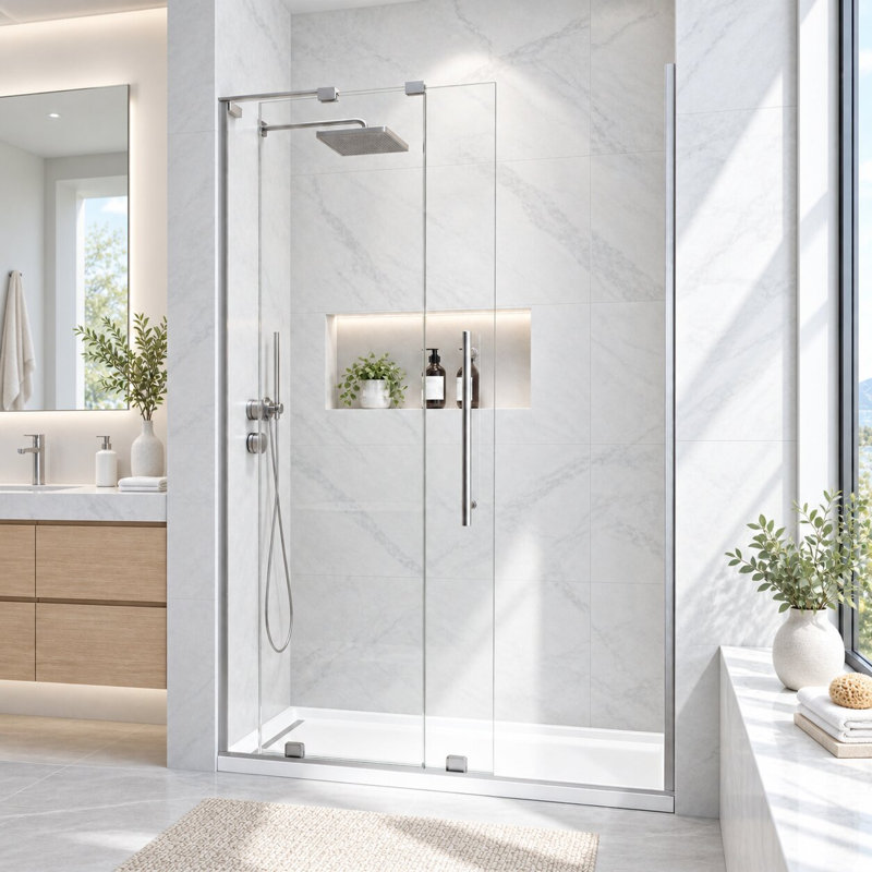 Porte de douche coulissante sans cadre de 117-122 cm (L) x 183 cm (H) avec verre trempé transparent de 8 mm, fini nickel brossé