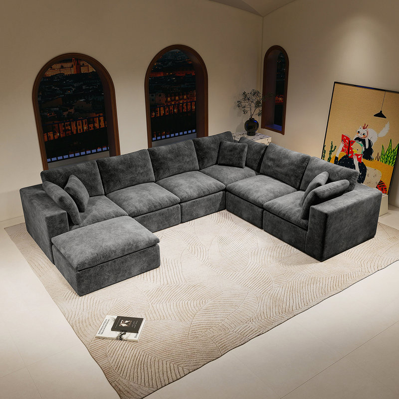 Canapé modulaire 137,8 * 108,3 po, canapé rembourré et compressé pour le salon, la chambre à coucher, un appartement, aucun assemblage requis, combinaison libre de 7 pièces, tissu en velours côtelé moelleux, GRIS
