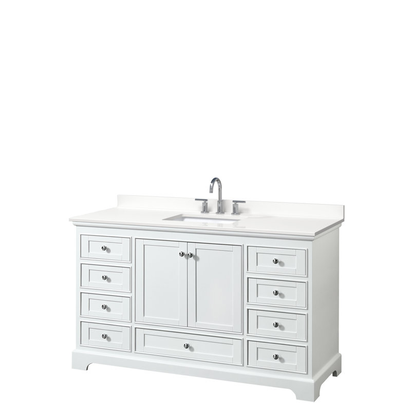 Ensemble de meuble-lavabo simple 60 po avec comptoir en quartz Deborah, Quartz blanc, Blanc, Chrome poli