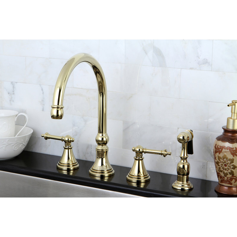 Kingston Brass Templeton Double-Handle 4-Hole Widespread Kitchen Faucet with Brass Sprayer, Polished Brass