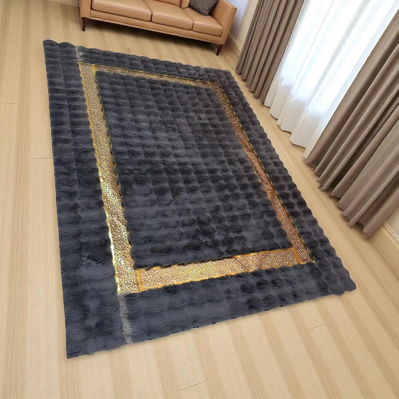 Tapis moderne gris foncé moelleux avec bordure dorée - élégant tapis en fausse fourrure pour salon, Rectangle 10 pi x 14 pi