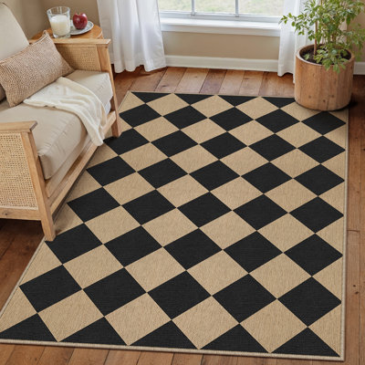 Tapis en lin à motif antidérapant Amelia - noir / beige